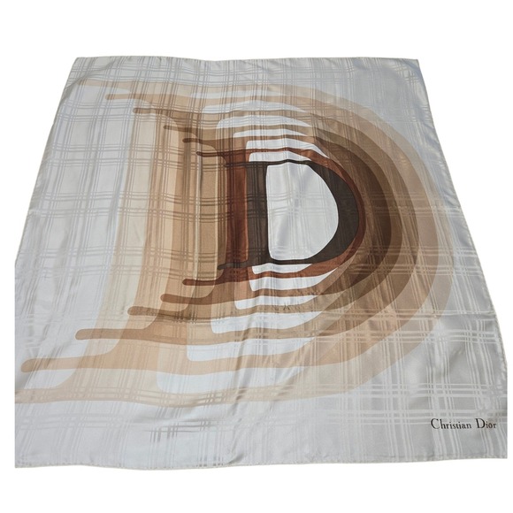 Dior Accessories - Christian Dior Silk Scarf Grey Brown Plaid Oversized D Logo Square Neck Scarf